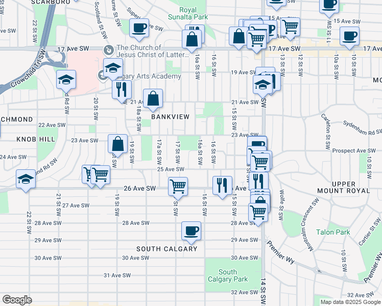 map of restaurants, bars, coffee shops, grocery stores, and more near 2328 16A Street Southwest in Calgary