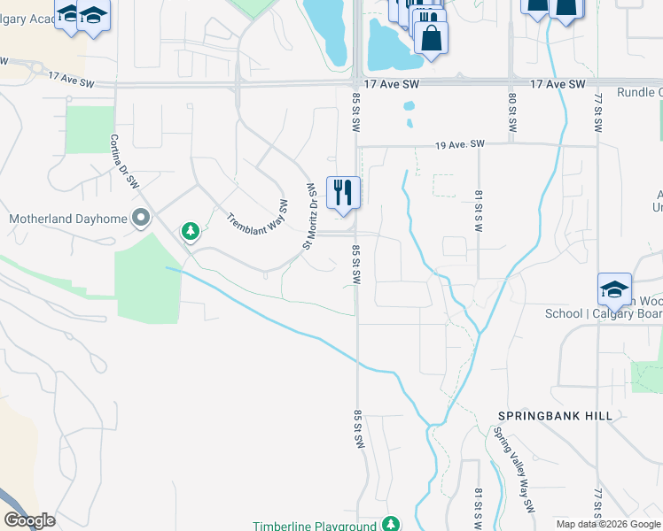 map of restaurants, bars, coffee shops, grocery stores, and more near 26 Val Gardena View Southwest in Calgary