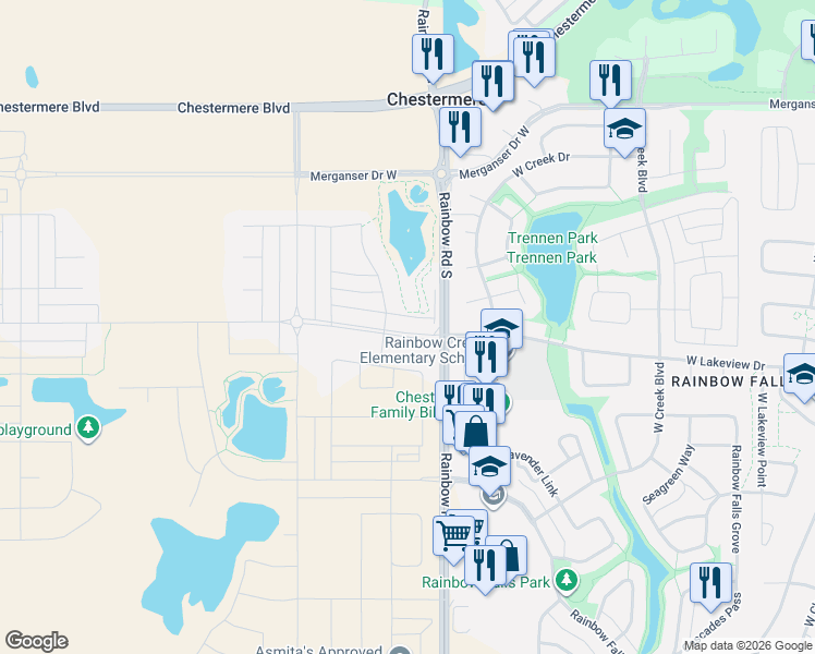 map of restaurants, bars, coffee shops, grocery stores, and more near Rainbow Road in Chestermere