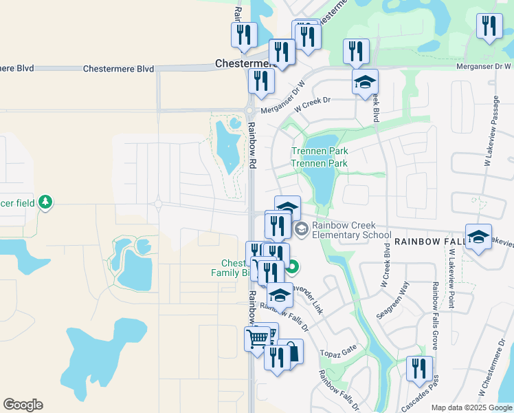map of restaurants, bars, coffee shops, grocery stores, and more near 1302 Range Road 283 in Chestermere