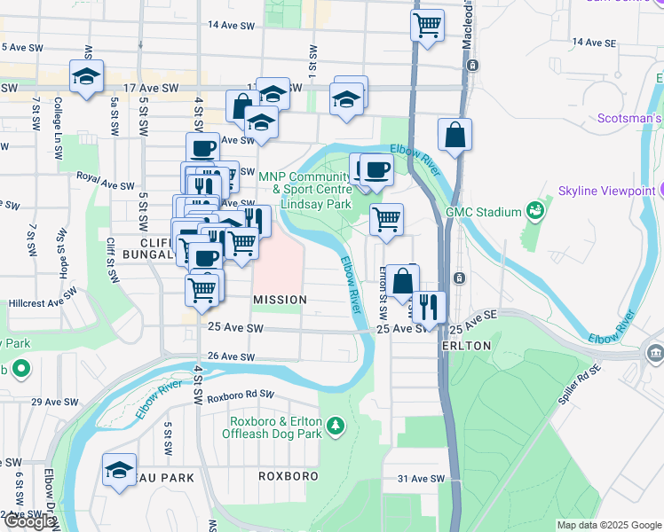 map of restaurants, bars, coffee shops, grocery stores, and more near in Calgary