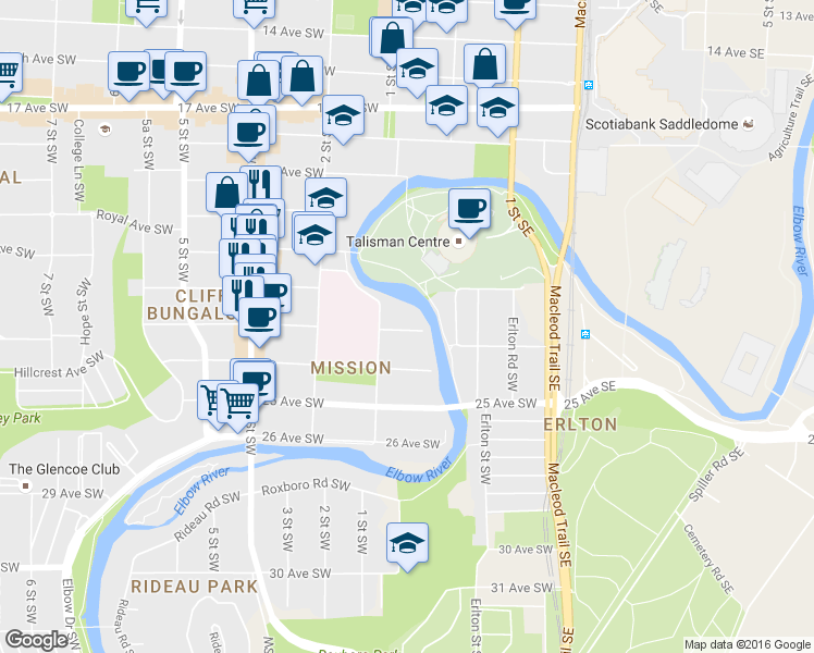 map of restaurants, bars, coffee shops, grocery stores, and more near in Calgary