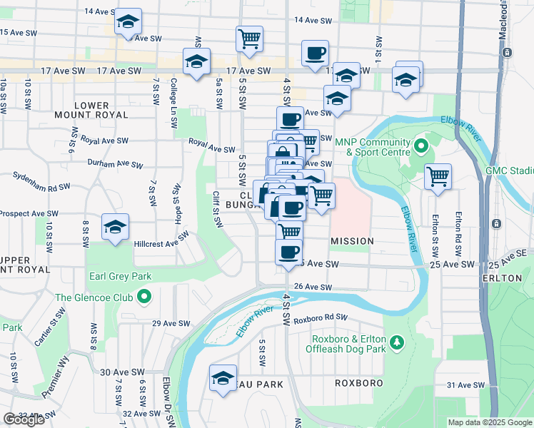 map of restaurants, bars, coffee shops, grocery stores, and more near 2208 4 Street Southwest in Calgary