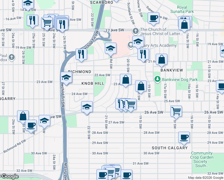 map of restaurants, bars, coffee shops, grocery stores, and more near 2308 Richmond Road Southwest in Calgary