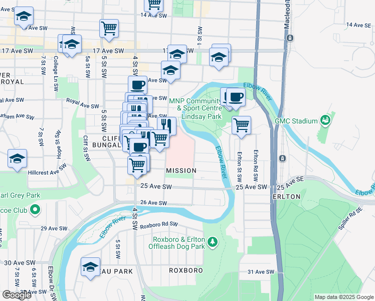 map of restaurants, bars, coffee shops, grocery stores, and more near 305-2204 2 Street Southwest in Calgary