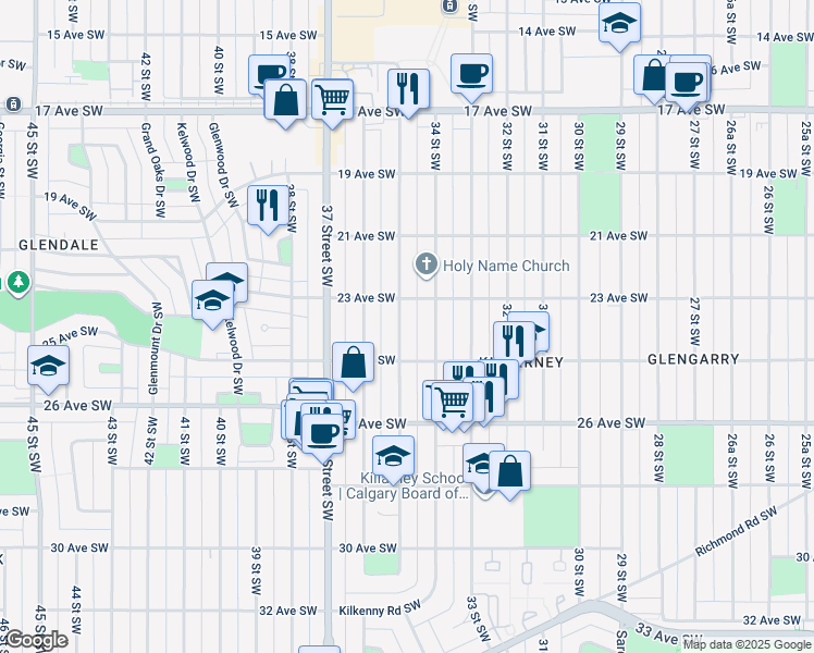 map of restaurants, bars, coffee shops, grocery stores, and more near 2420 35 Street Southwest in Calgary