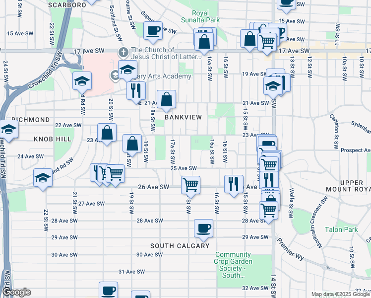 map of restaurants, bars, coffee shops, grocery stores, and more near 2417 17 Street Southwest in Calgary