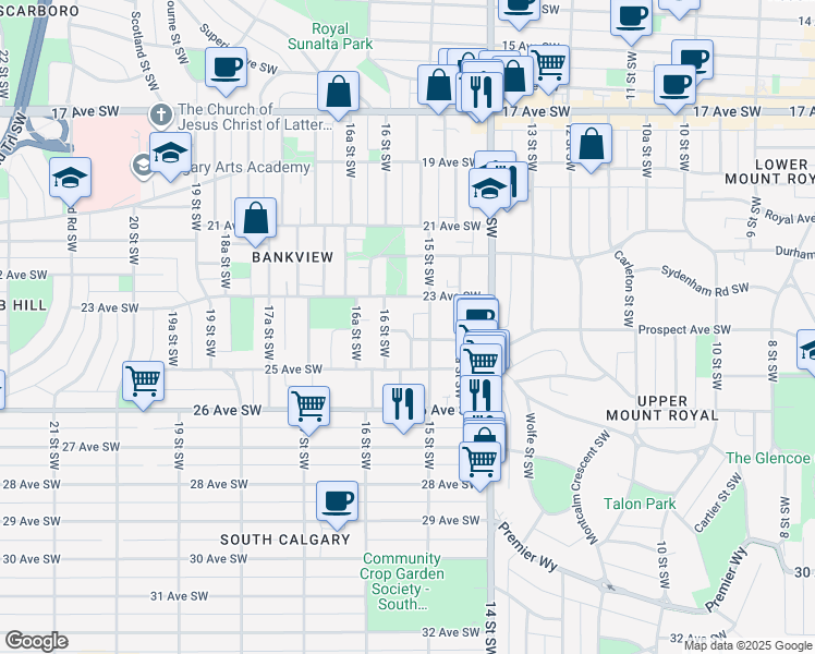map of restaurants, bars, coffee shops, grocery stores, and more near in Calgary