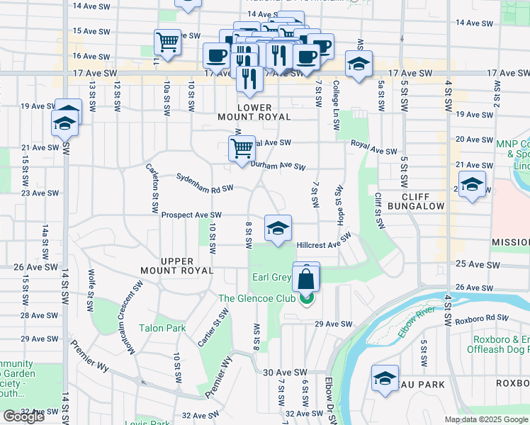 map of restaurants, bars, coffee shops, grocery stores, and more near 920 Prospect Avenue Southwest in Calgary