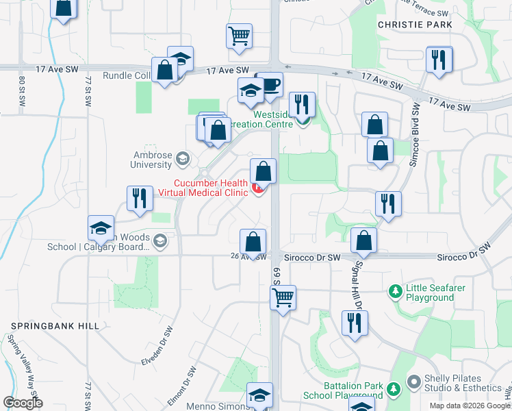 map of restaurants, bars, coffee shops, grocery stores, and more near 159 Springborough Way Southwest in Calgary