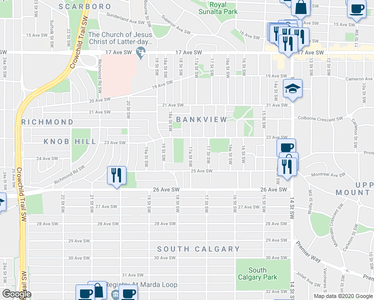 map of restaurants, bars, coffee shops, grocery stores, and more near 2417 17A Street Southwest in Calgary