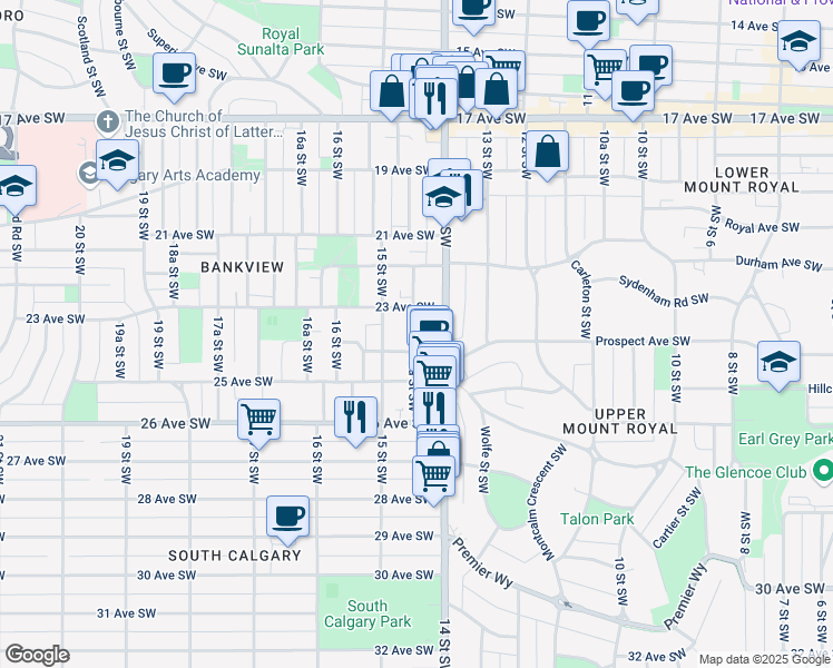 map of restaurants, bars, coffee shops, grocery stores, and more near in Calgary