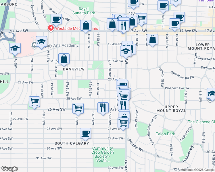 map of restaurants, bars, coffee shops, grocery stores, and more near in Calgary