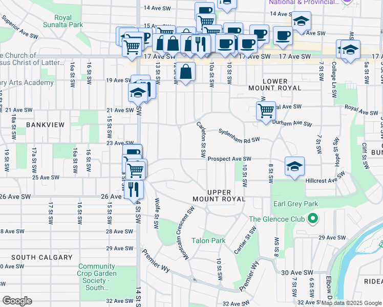 map of restaurants, bars, coffee shops, grocery stores, and more near 1216 Prospect Avenue Southwest in Calgary