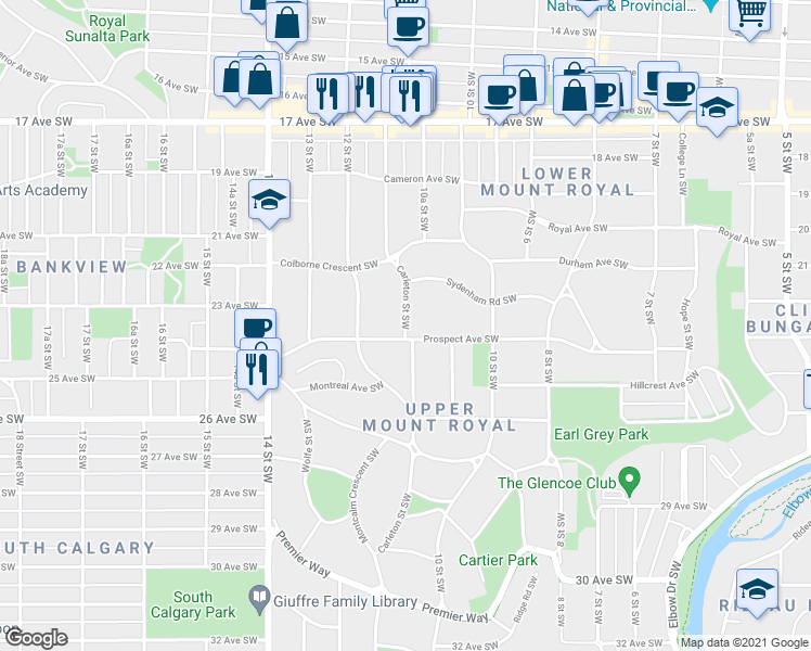 map of restaurants, bars, coffee shops, grocery stores, and more near 2223 Carleton Street Southwest in Calgary