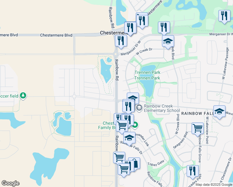 map of restaurants, bars, coffee shops, grocery stores, and more near 1302 Range Road 283 in Chestermere