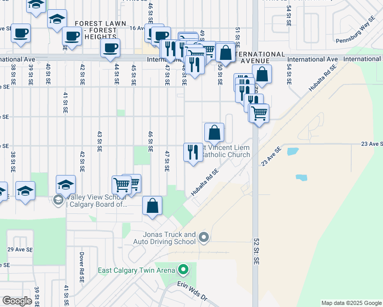 map of restaurants, bars, coffee shops, grocery stores, and more near 2412 48 Street Southeast in Calgary