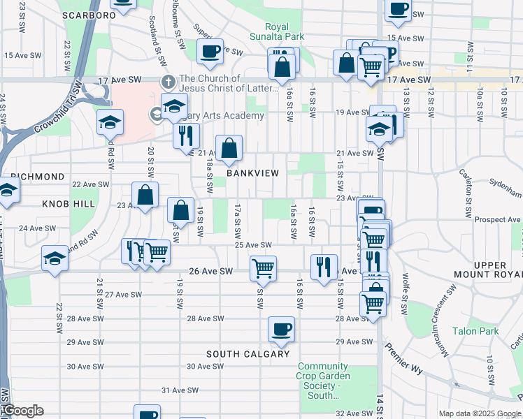 map of restaurants, bars, coffee shops, grocery stores, and more near 2403 17 Street Southwest in Calgary