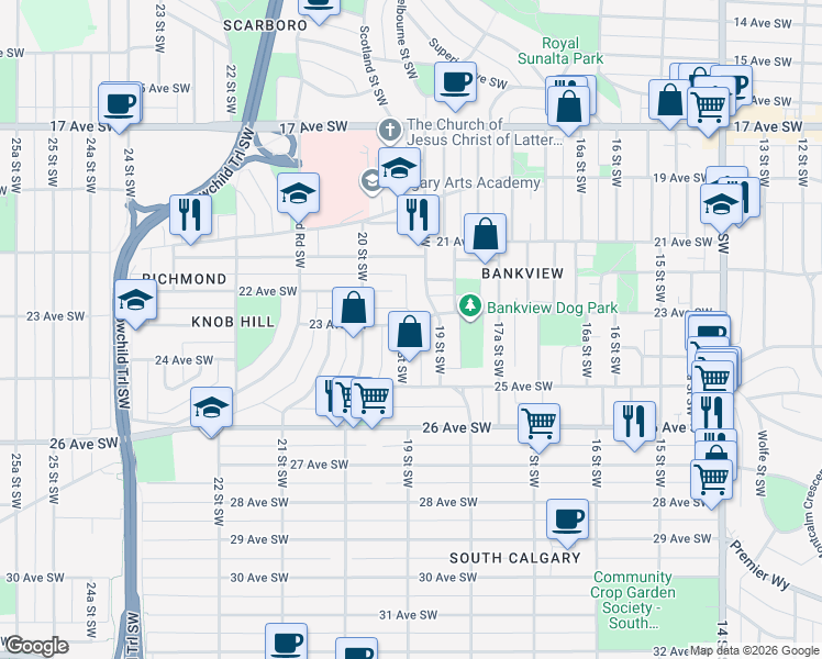 map of restaurants, bars, coffee shops, grocery stores, and more near 2001 23 Avenue Southwest in Calgary