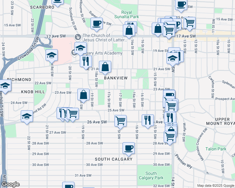 map of restaurants, bars, coffee shops, grocery stores, and more near 2407 17 Street Southwest in Calgary