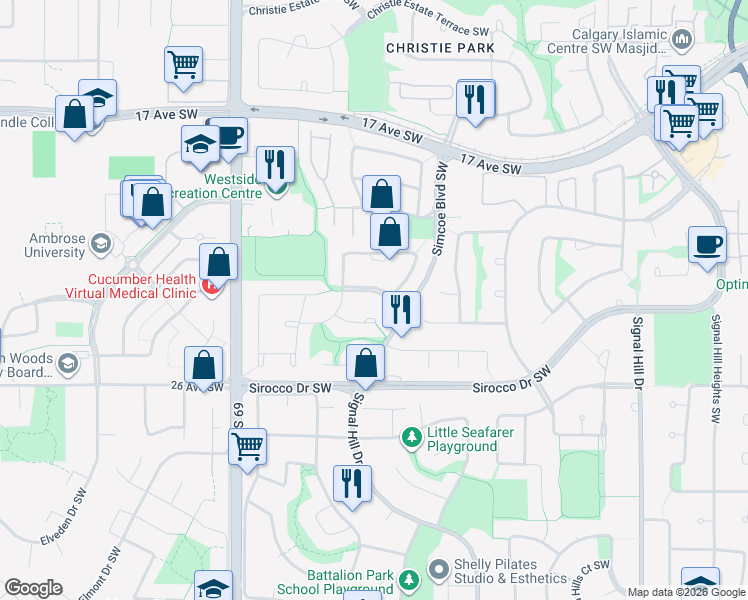 map of restaurants, bars, coffee shops, grocery stores, and more near 21 Simcoe Gate Southwest in Calgary