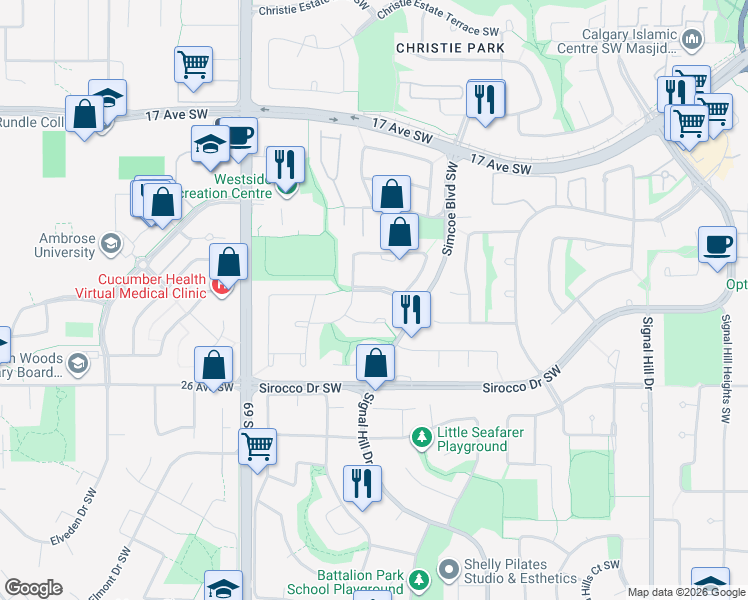 map of restaurants, bars, coffee shops, grocery stores, and more near 21 Simcoe Gate Southwest in Calgary