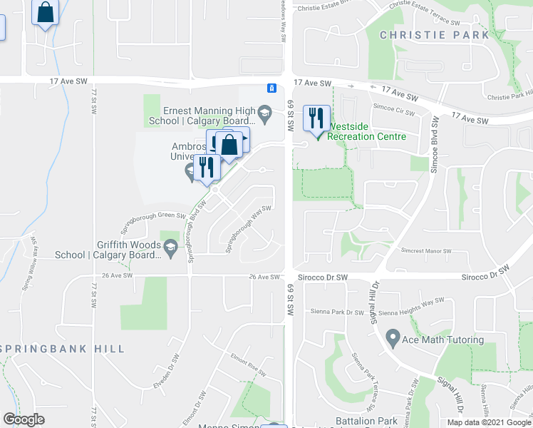 map of restaurants, bars, coffee shops, grocery stores, and more near 159 Springborough Way Southwest in Calgary