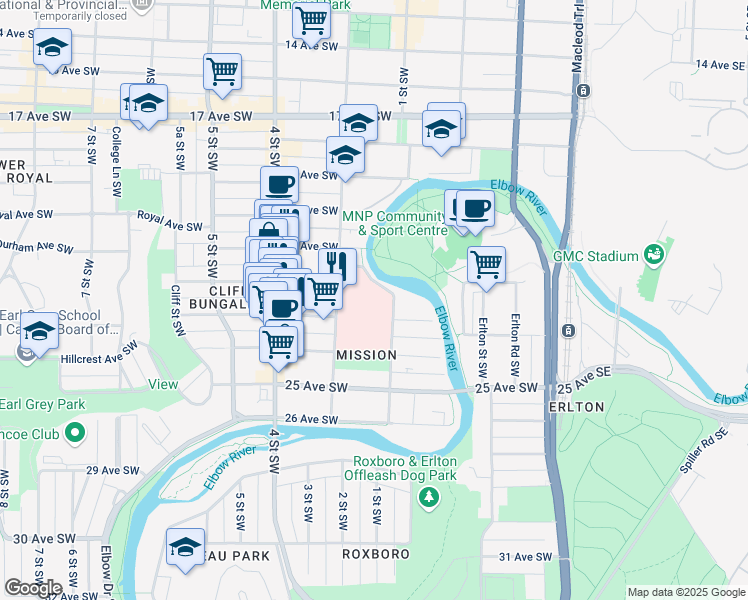 map of restaurants, bars, coffee shops, grocery stores, and more near 305-2204 2 Street Southwest in Calgary