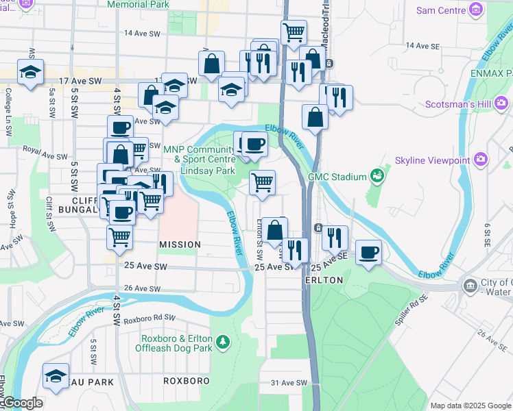 map of restaurants, bars, coffee shops, grocery stores, and more near in Calgary