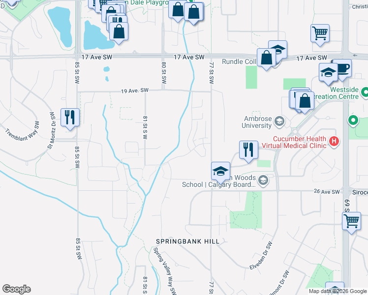 map of restaurants, bars, coffee shops, grocery stores, and more near 1919-2585 77 Street Southwest in Calgary