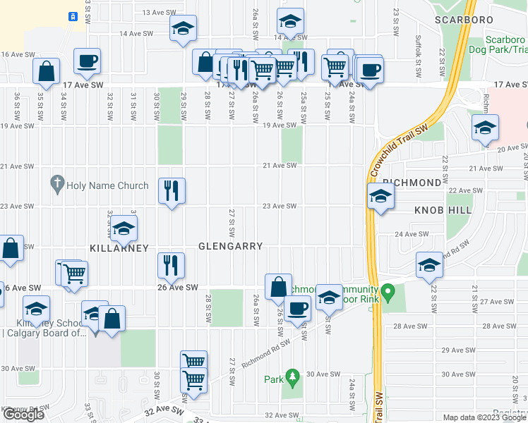 map of restaurants, bars, coffee shops, grocery stores, and more near 2629 23 Avenue Southwest in Calgary