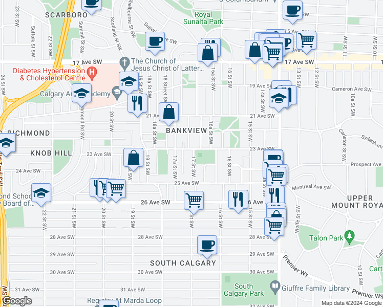 map of restaurants, bars, coffee shops, grocery stores, and more near 2403 17 Street Southwest in Calgary