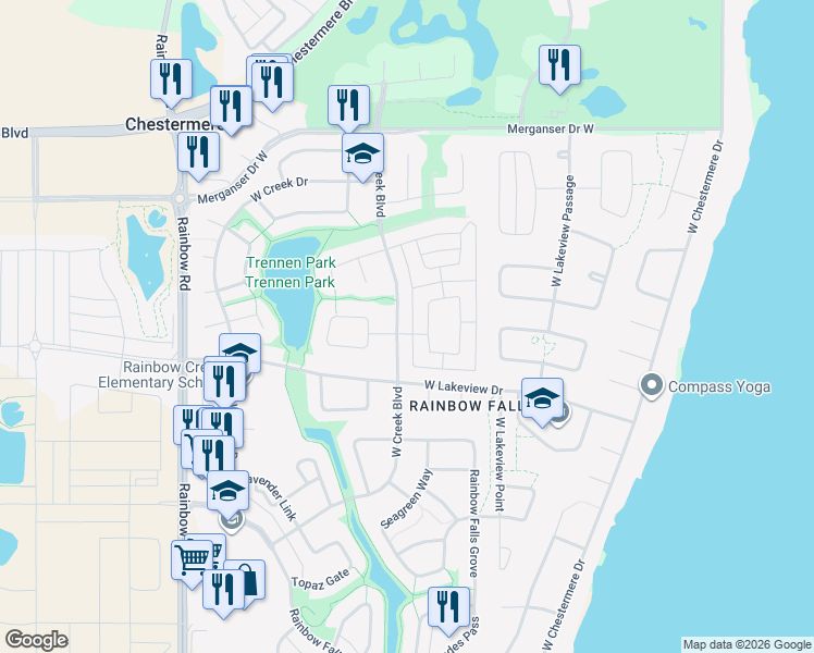 map of restaurants, bars, coffee shops, grocery stores, and more near 193 West Creek Boulevard in Chestermere