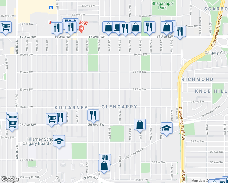 map of restaurants, bars, coffee shops, grocery stores, and more near 2404 23 Avenue Southwest in Calgary