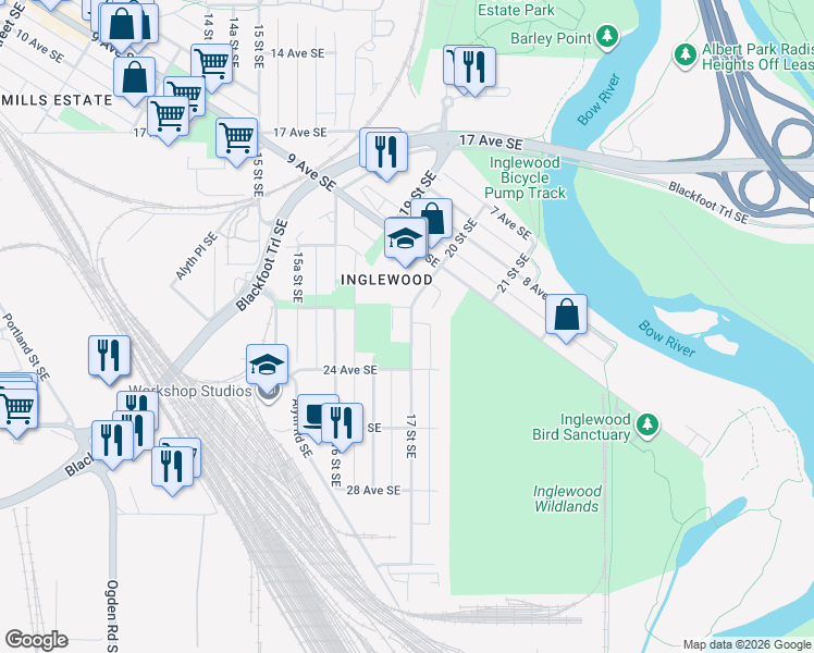 map of restaurants, bars, coffee shops, grocery stores, and more near 2311 17 Street Southeast in Calgary