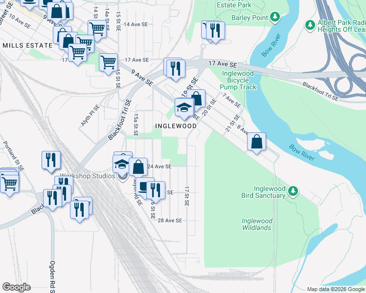 map of restaurants, bars, coffee shops, grocery stores, and more near 2311 17 Street Southeast in Calgary