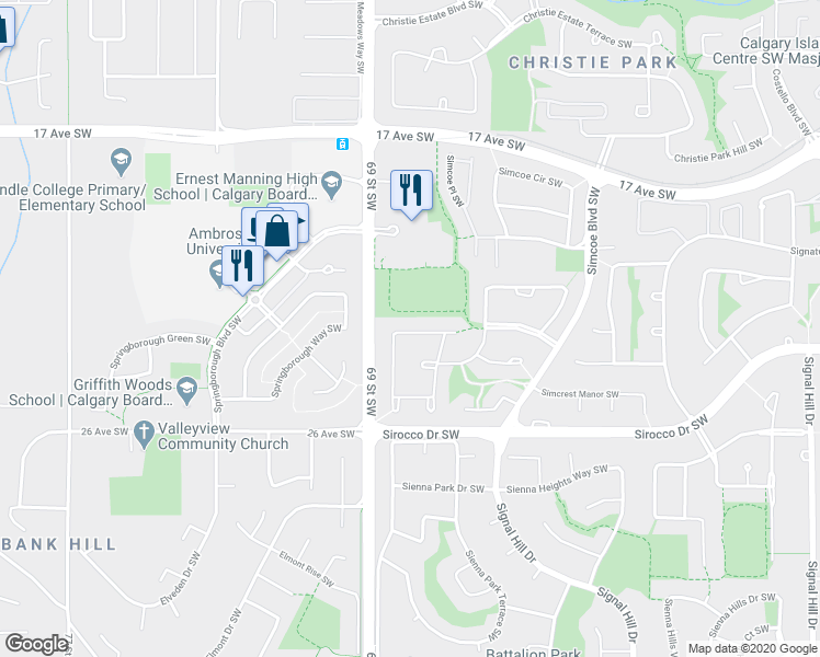 map of restaurants, bars, coffee shops, grocery stores, and more near 106 Simcoe Close Southwest in Calgary