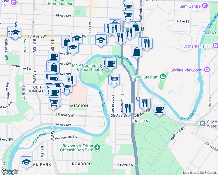 map of restaurants, bars, coffee shops, grocery stores, and more near 2306 Erlton Place Southwest in Calgary