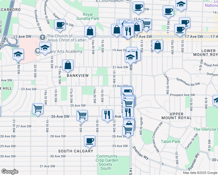 map of restaurants, bars, coffee shops, grocery stores, and more near in Calgary