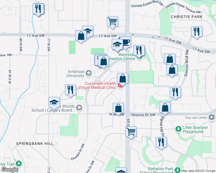 map of restaurants, bars, coffee shops, grocery stores, and more near 308 Springborough Way Southwest in Calgary