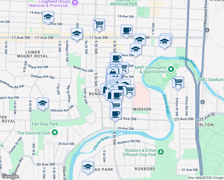 map of restaurants, bars, coffee shops, grocery stores, and more near 2208 4 Street Southwest in Calgary