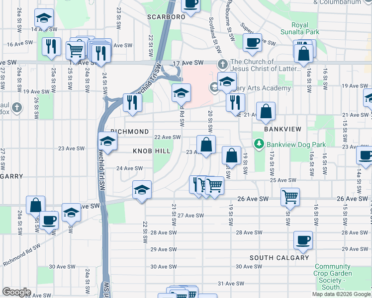map of restaurants, bars, coffee shops, grocery stores, and more near 2308 Richmond Road Southwest in Calgary