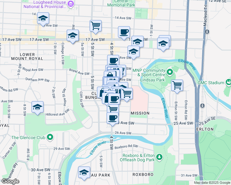 map of restaurants, bars, coffee shops, grocery stores, and more near 333 22 Avenue Southwest in Calgary