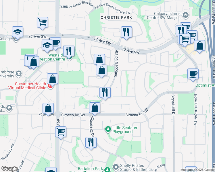 map of restaurants, bars, coffee shops, grocery stores, and more near 10 Simcoe Crescent Southwest in Calgary