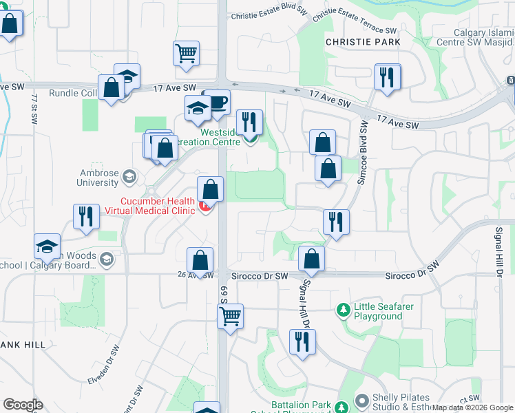 map of restaurants, bars, coffee shops, grocery stores, and more near 106 Simcoe Close Southwest in Calgary