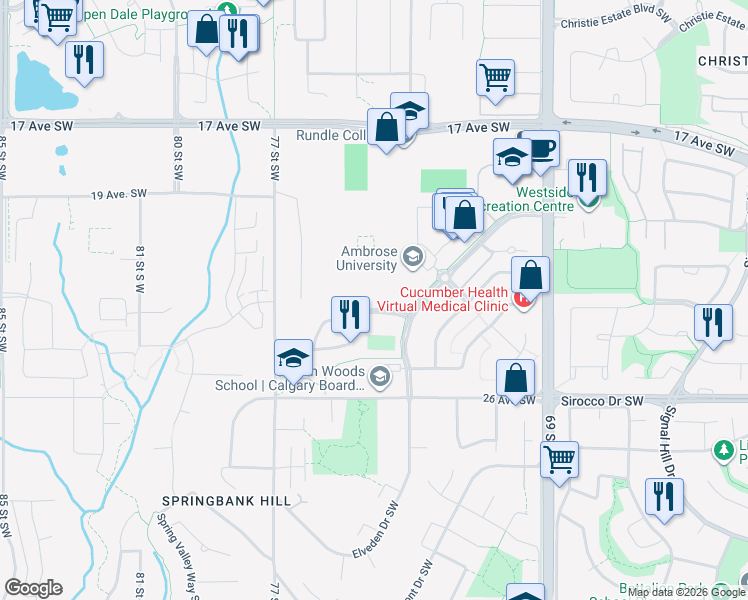 map of restaurants, bars, coffee shops, grocery stores, and more near 36 Springborough Green Southwest in Calgary