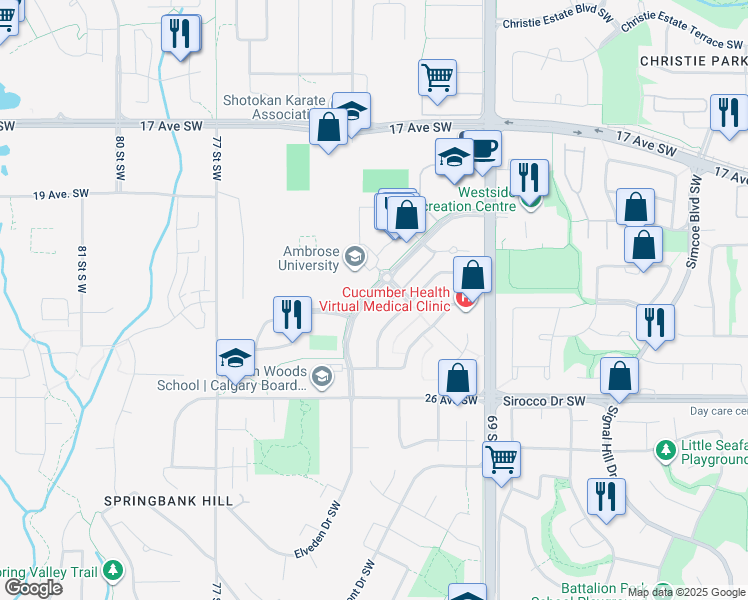 map of restaurants, bars, coffee shops, grocery stores, and more near 13 Springborough Boulevard Southwest in Calgary