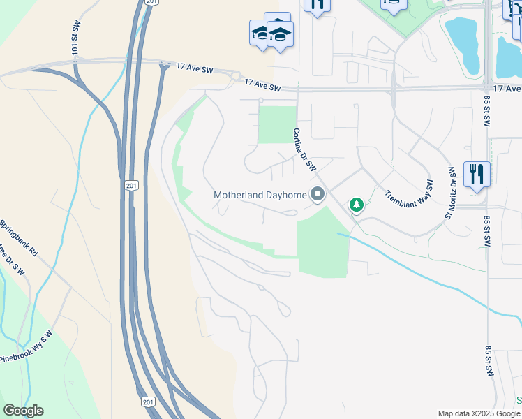 map of restaurants, bars, coffee shops, grocery stores, and more near 81 Anatapi Lane Southwest in Calgary