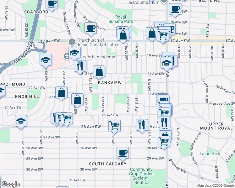 map of restaurants, bars, coffee shops, grocery stores, and more near 1695 23 Avenue Southwest in Calgary