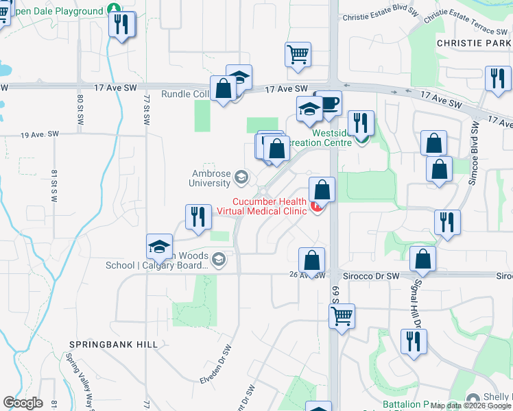 map of restaurants, bars, coffee shops, grocery stores, and more near 43 Springborough Boulevard Southwest in Calgary